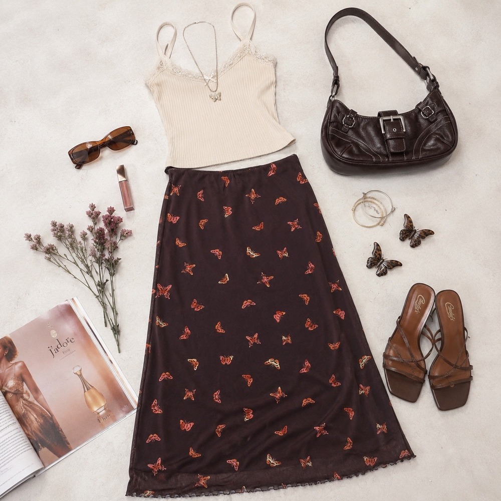 Nordstrom BP. Y2K Butterfly Mesh Midi Skirt Size L Brown Forest Fairy Whimsigoth